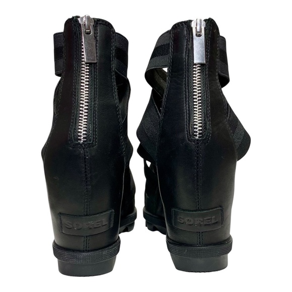 Sorel Joanie II Black Platform Wedge Sandals Sz 9 Elastic Strap Leather - Picture 5 of 12